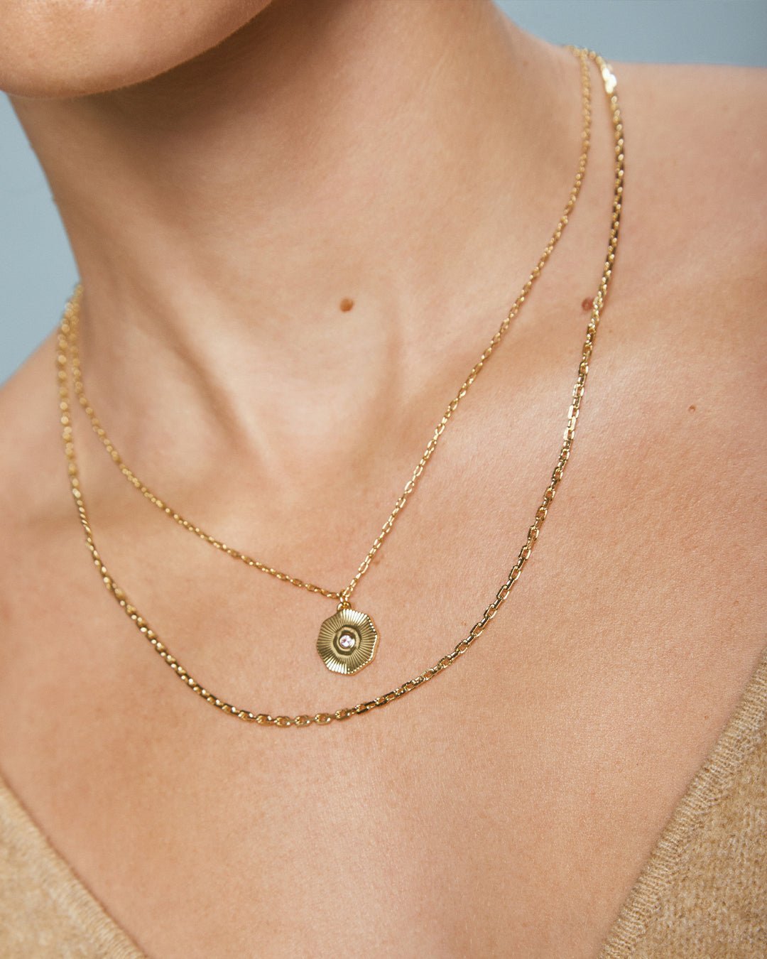 Birthstone Coin Necklace || option::18k Gold Plated, Green Agate - May