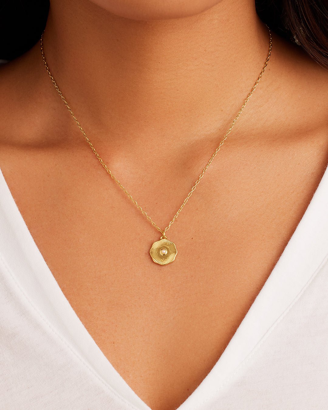 Birthstone Coin Necklace || option::18k Gold Plated, Pearl - June