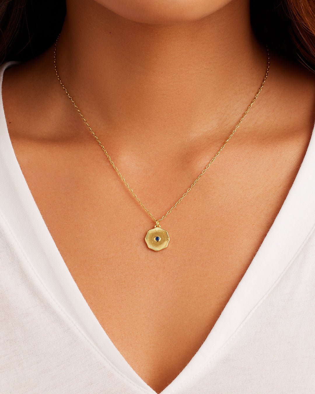 Birthstone Coin Necklace || option::18k Gold Plated, Blue Sapphire - September