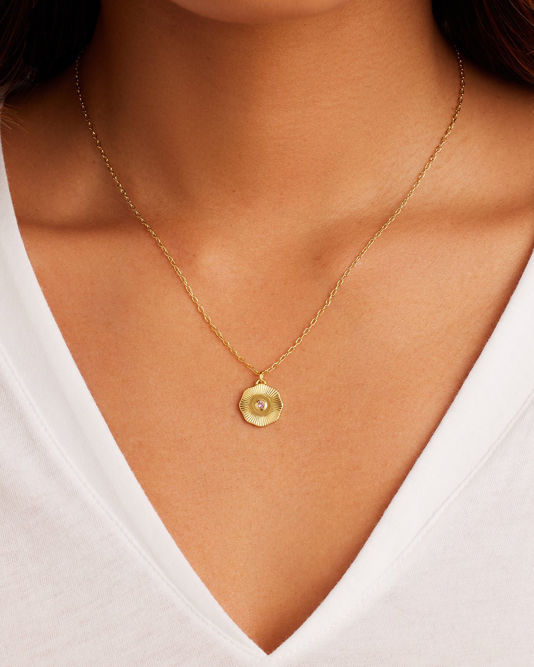 Birthstone Coin Necklace || option::18k Gold Plated, Amethyst - February