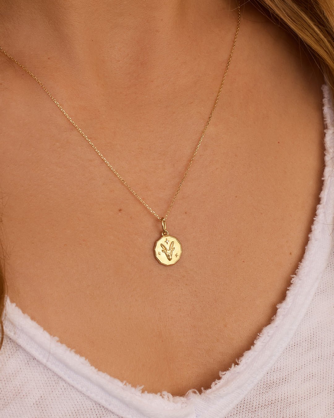 Diamond Zodiac Coin Charm Necklace || option::14k Solid Gold, Capricorn