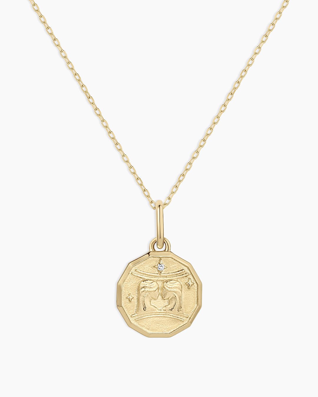 Diamond Zodiac Coin Charm Necklace || option::14k Solid Gold, Gemini