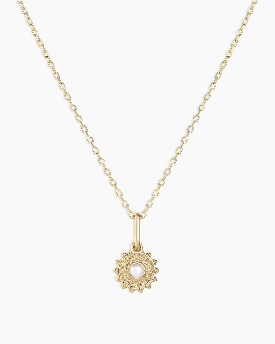 Sun Birthstone Charm Necklace || option::14k Solid Gold, Pearl - June