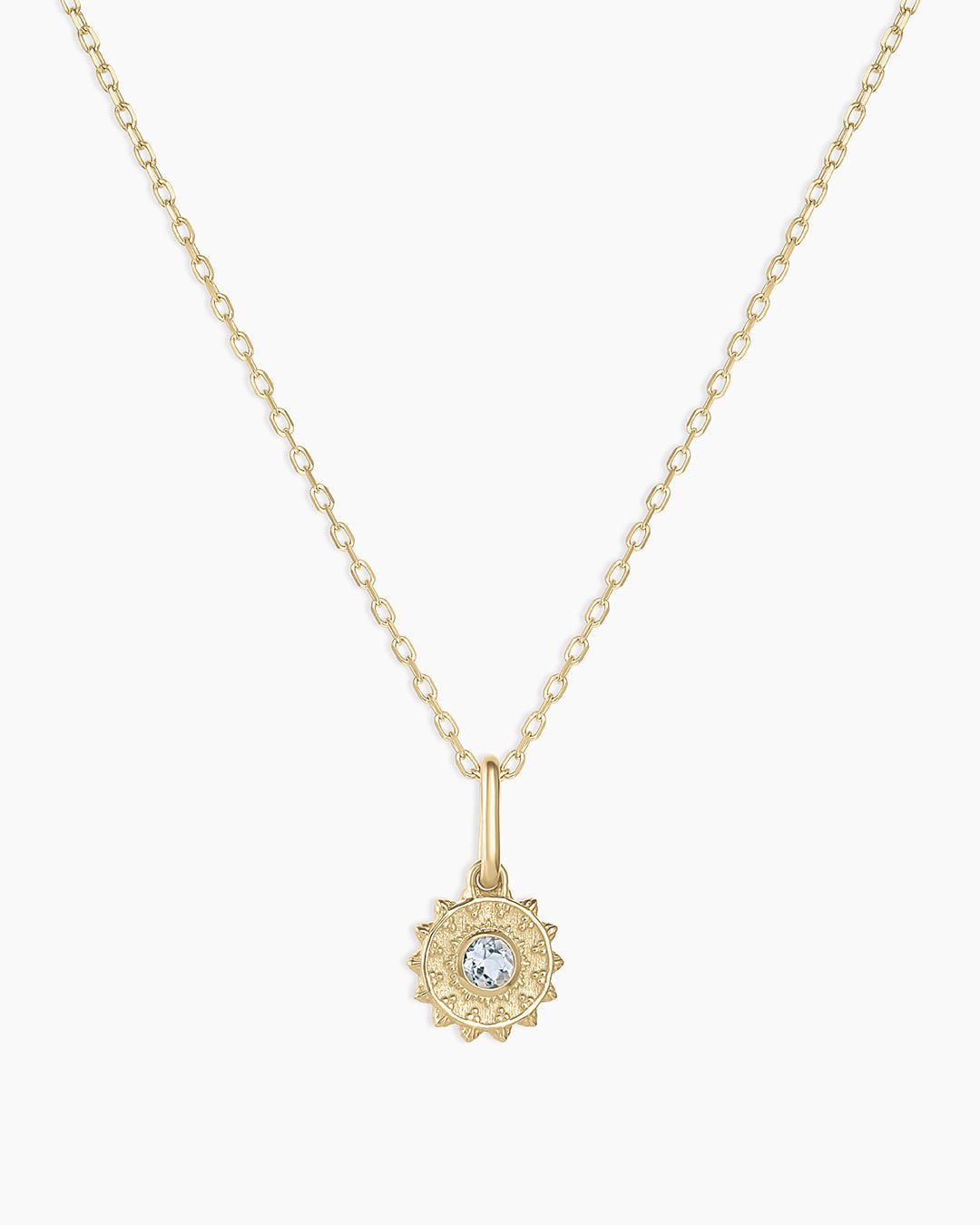 Sun Birthstone Charm Necklace || option::14k Solid Gold, Aquamarine - March