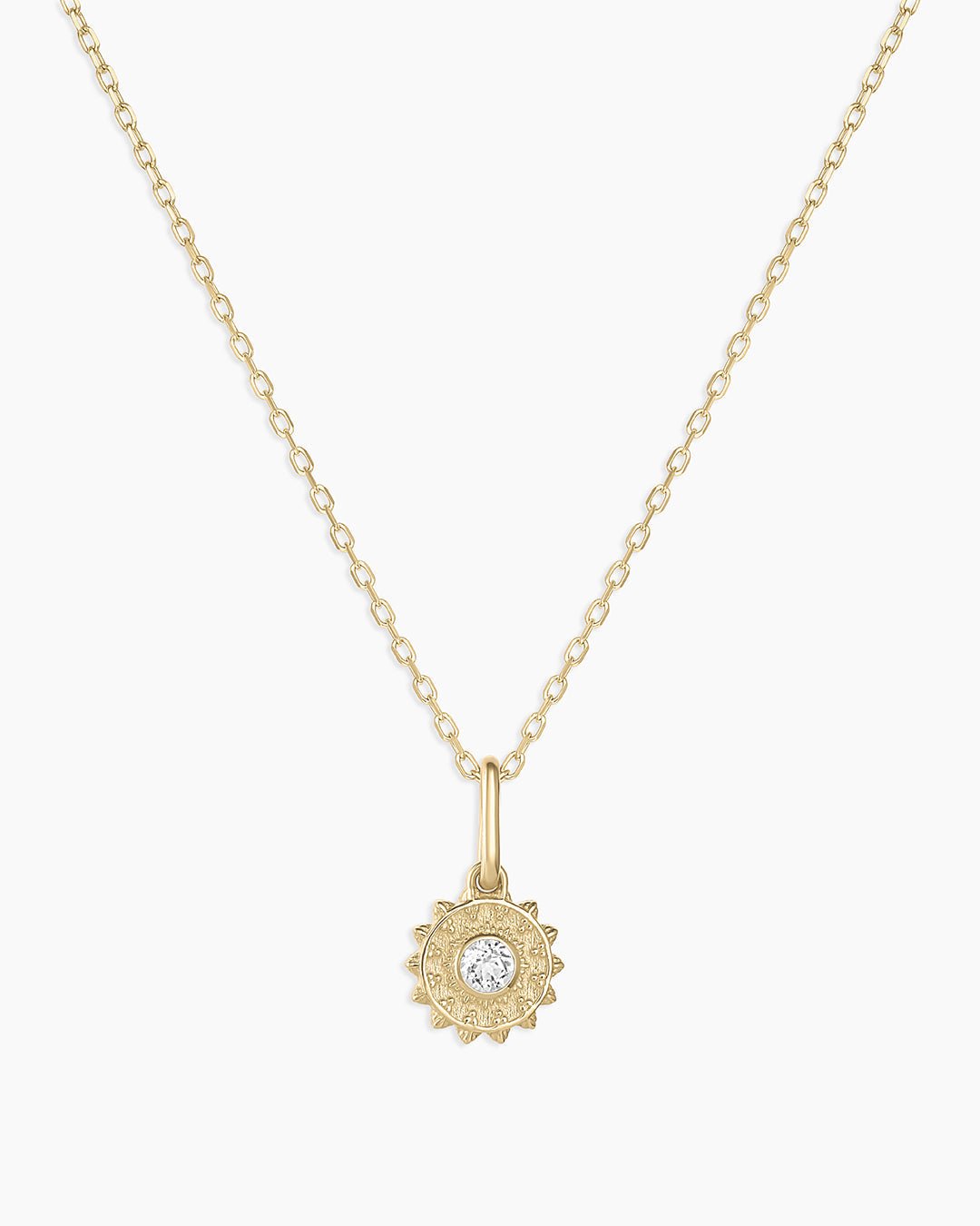 Sun Birthstone Charm Necklace || option::14k Solid Gold, White Topaz - April