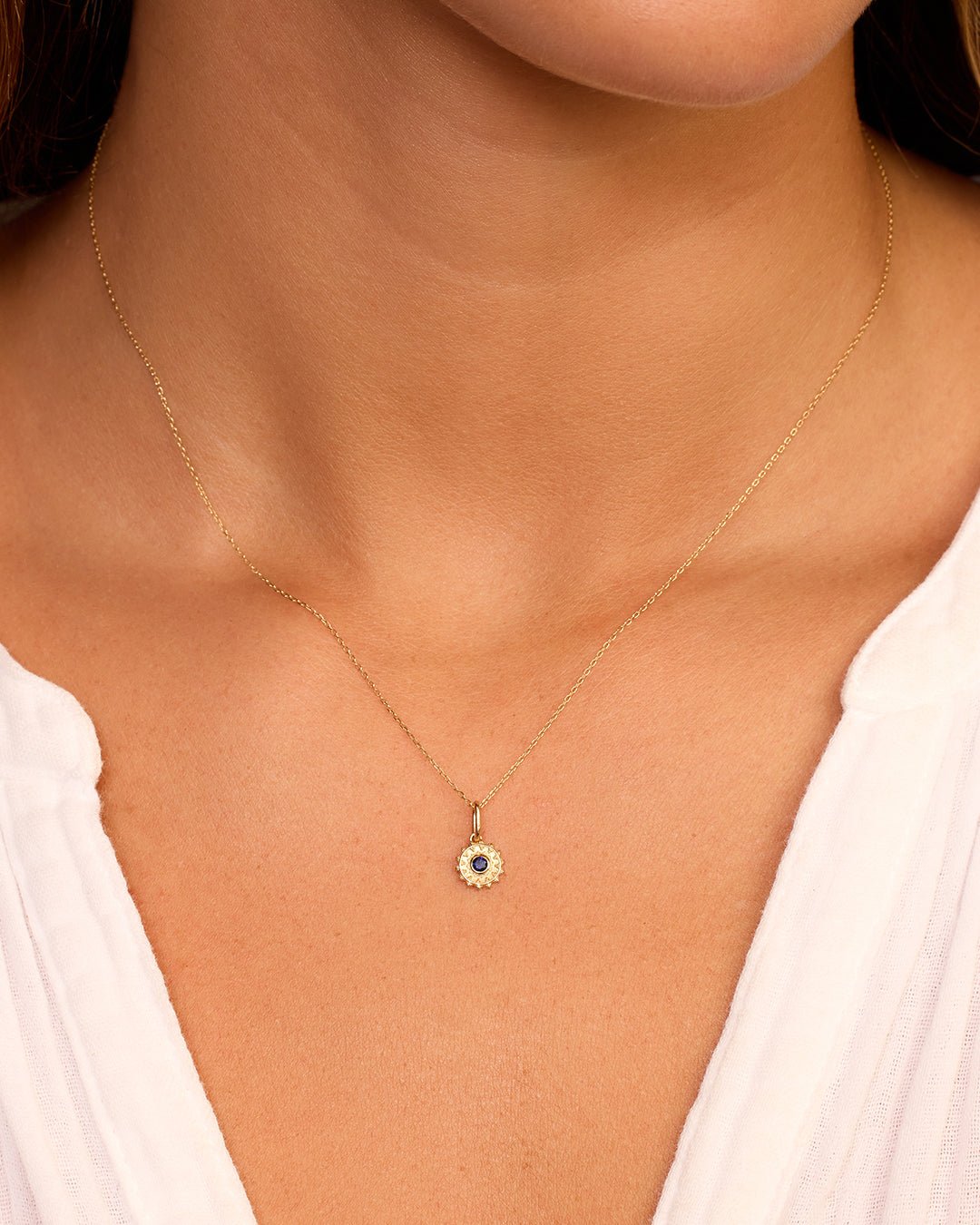 Sun Birthstone Charm Necklace || option::14k Solid Gold, Blue Sapphire - September