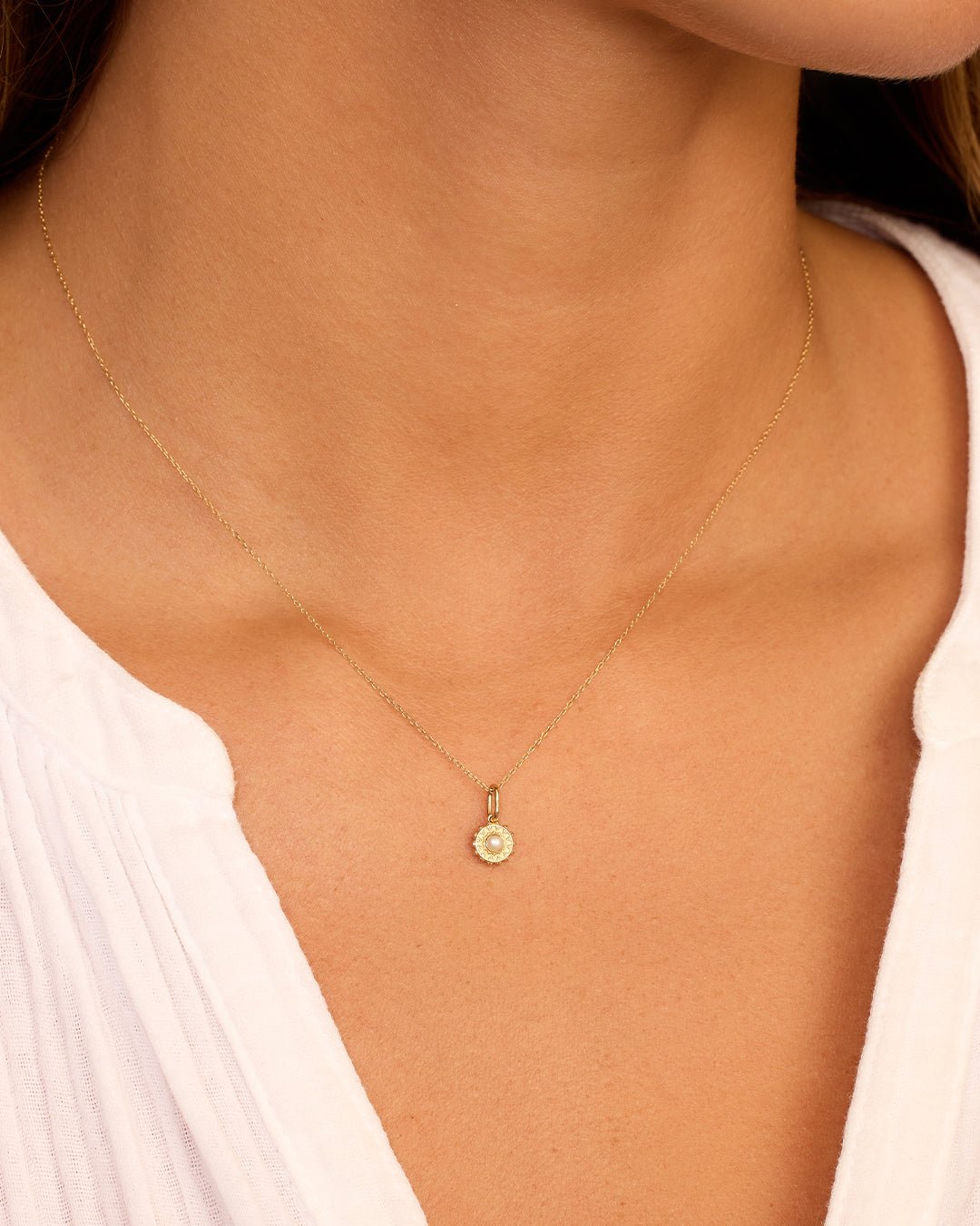 Sun Birthstone Charm Necklace || option::14k Solid Gold, Pearl - June